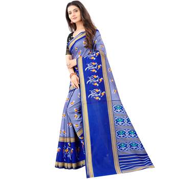 Women's Grey Ikkat Pallu Hand-block Prints Sarees With Blouse 2