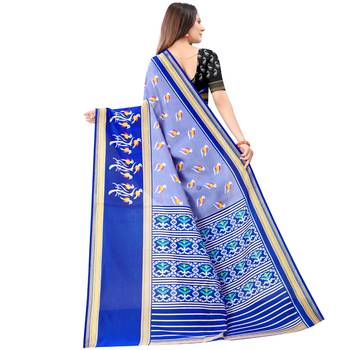 Women's Grey Ikkat Pallu Hand-block Prints Sarees With Blouse 3