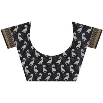Women's Grey Ikkat Pallu Hand-block Prints Sarees With Blouse 4