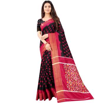 Women's Black Ikkat Pallu Hand-block Prints Sarees With Blouse 1