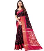 Women's Black Ikkat Pallu Hand-block Prints Sarees With Blouse