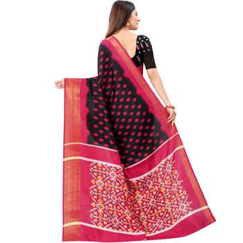 Women's Black Ikkat Pallu Hand-block Prints Sarees With Blouse 3