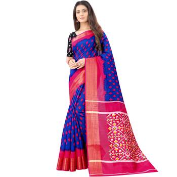 Women's Blue Ikkat Pallu Hand-block Prints Sarees With Blouse 1