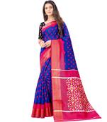 Women's Blue Ikkat Pallu Hand-block Prints Sarees With Blouse