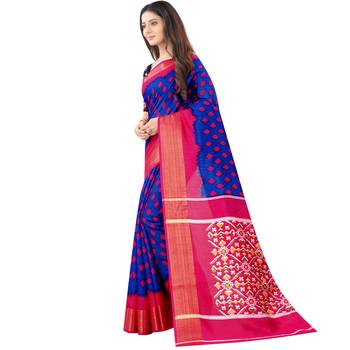 Women's Blue Ikkat Pallu Hand-block Prints Sarees With Blouse 2