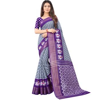 Women's Grey Ikkat Pallu Hand-block Prints Sarees With Blouse 1