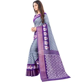 Women's Grey Ikkat Pallu Hand-block Prints Sarees With Blouse 2