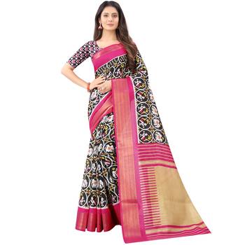 Women's Black Ikkat Pallu Hand-block Prints Sarees With Blouse 1