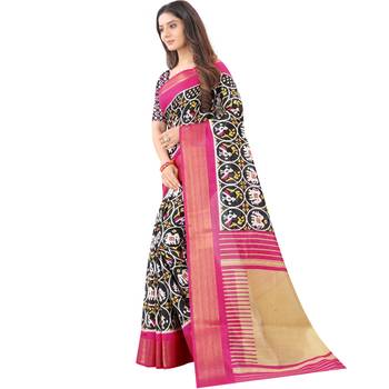 Women's Black Ikkat Pallu Hand-block Prints Sarees With Blouse 2