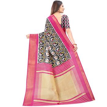 Women's Black Ikkat Pallu Hand-block Prints Sarees With Blouse 3