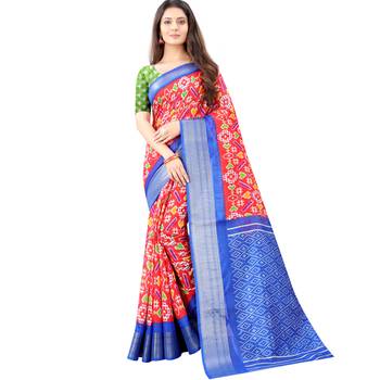 Women's Orange Ikkat Pallu Hand-block Prints Sarees With Blouse 1