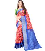 Women's Orange Ikkat Pallu Hand-block Prints Sarees With Blouse