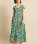 Divawalk Green & yellow Floral Printed Flared Anarkali