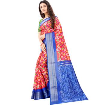 Women's Orange Ikkat Pallu Hand-block Prints Sarees With Blouse 2