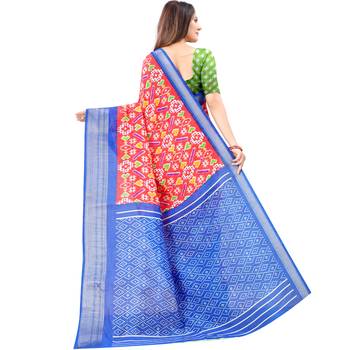 Women's Orange Ikkat Pallu Hand-block Prints Sarees With Blouse 3