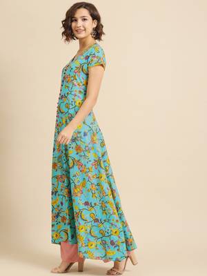 Divawalk Green & yellow Floral Printed Flared Anarkali 3