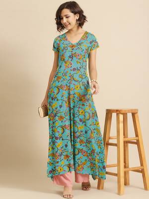 Divawalk Green & yellow Floral Printed Flared Anarkali 5