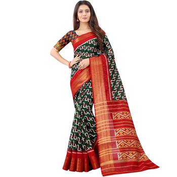 Women's Green Ikkat Pallu Hand-block Prints Sarees With Blouse 1