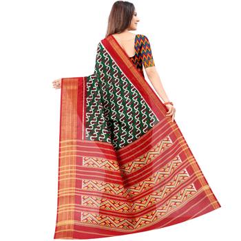 Women's Green Ikkat Pallu Hand-block Prints Sarees With Blouse 3