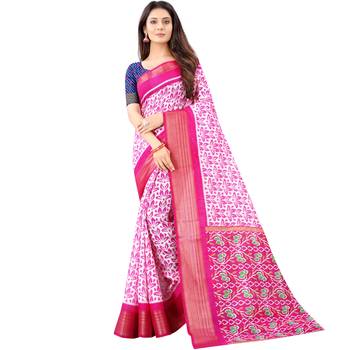 Women's Pink Ikkat Pallu Hand-block Prints Sarees With Blouse 1
