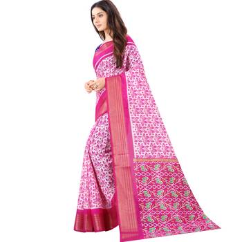 Women's Pink Ikkat Pallu Hand-block Prints Sarees With Blouse 2