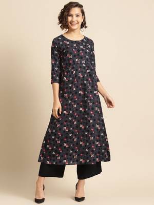 Divawalk Grey & black Printed A-Line Kurta With pocket details 1