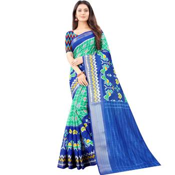 Women's Green Ikkat Pallu Hand-block Prints Sarees With Blouse 1