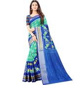Women's Green Ikkat Pallu Hand-block Prints Sarees With Blouse