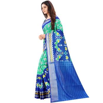 Women's Green Ikkat Pallu Hand-block Prints Sarees With Blouse 2