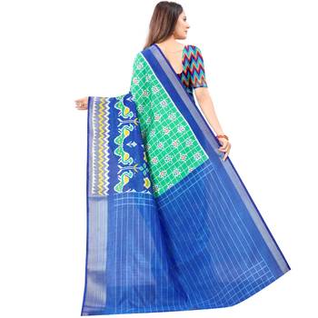 Women's Green Ikkat Pallu Hand-block Prints Sarees With Blouse 3