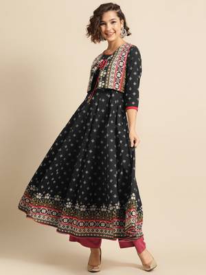 Divawalk Black Printed Flared Anarkali With waist coat 1