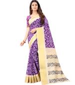 Women's Purple Ikkat Pallu Hand-block Prints Sarees With Blouse