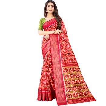 Women's Red Ikkat Pallu Hand-block Prints Sarees With Blouse 1