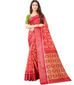 Women's Red Ikkat Pallu Hand-block Prints Sarees With Blouse