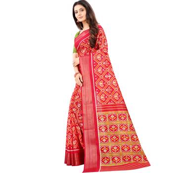 Women's Red Ikkat Pallu Hand-block Prints Sarees With Blouse 2