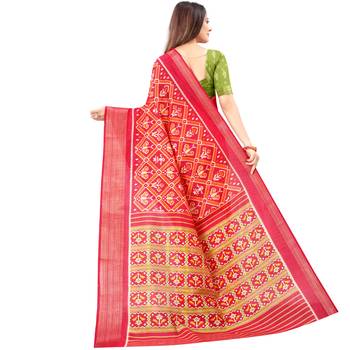 Women's Red Ikkat Pallu Hand-block Prints Sarees With Blouse 3