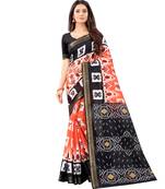 Women's Orange Ikkat Pallu Hand-block Prints Sarees With Blouse