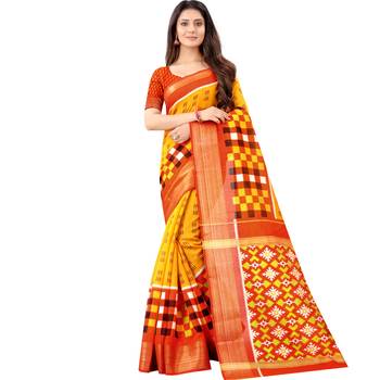 Women's Mustard Ikkat Pallu Hand-block Prints Sarees With Blouse 1