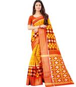 Women's Mustard Ikkat Pallu Hand-block Prints Sarees With Blouse