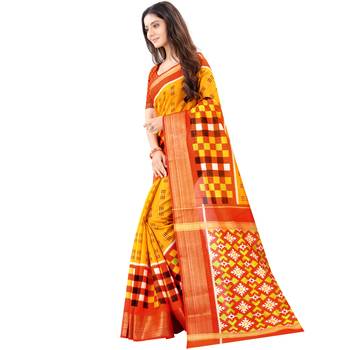 Women's Mustard Ikkat Pallu Hand-block Prints Sarees With Blouse 2