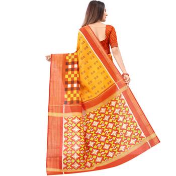Women's Mustard Ikkat Pallu Hand-block Prints Sarees With Blouse 3
