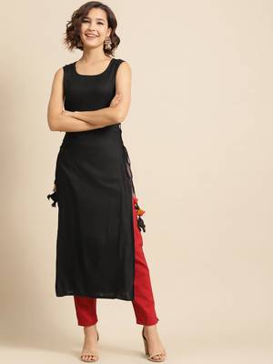 Divawalk Black Solid Sleeveless long kurta With side tassel details 1
