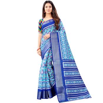 Women's Sky Blue Ikkat Pallu Hand-block Prints Sarees With Blouse 1