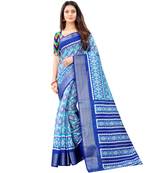 Women's Sky Blue Ikkat Pallu Hand-block Prints Sarees With Blouse