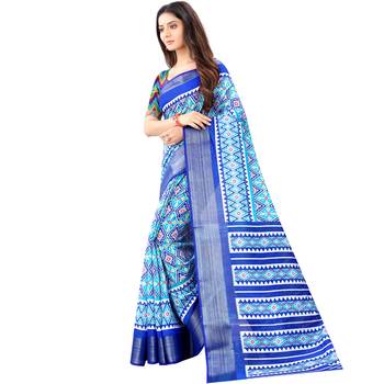 Women's Sky Blue Ikkat Pallu Hand-block Prints Sarees With Blouse 2