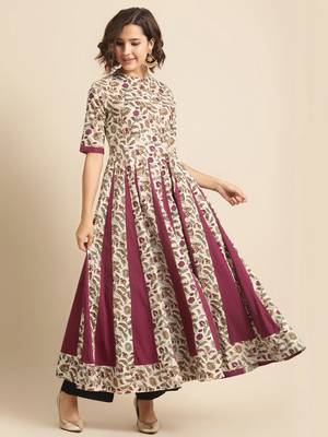 Divawalk Beige & Maroon Floral Printed Flared Anarkali 1