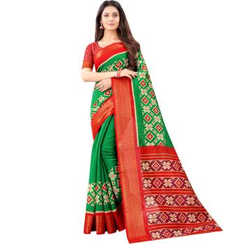 Women's Green Ikkat Pallu Hand-block Prints Sarees With Blouse 1
