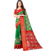 Women's Green Ikkat Pallu Hand-block Prints Sarees With Blouse