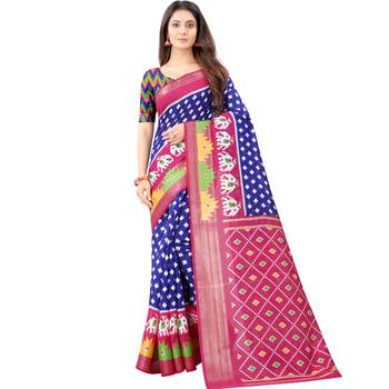 Women's Blue Ikkat Pallu Hand-block Prints Sarees With Blouse 1