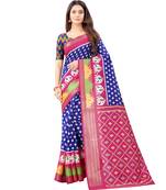 Women's Blue Ikkat Pallu Hand-block Prints Sarees With Blouse